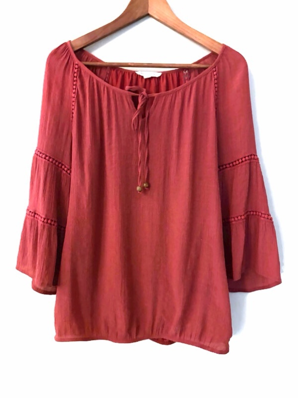 Boho Bell Sleeve Tunic Blouse Top Peasant Bohemian Burnt Red Orange Large
